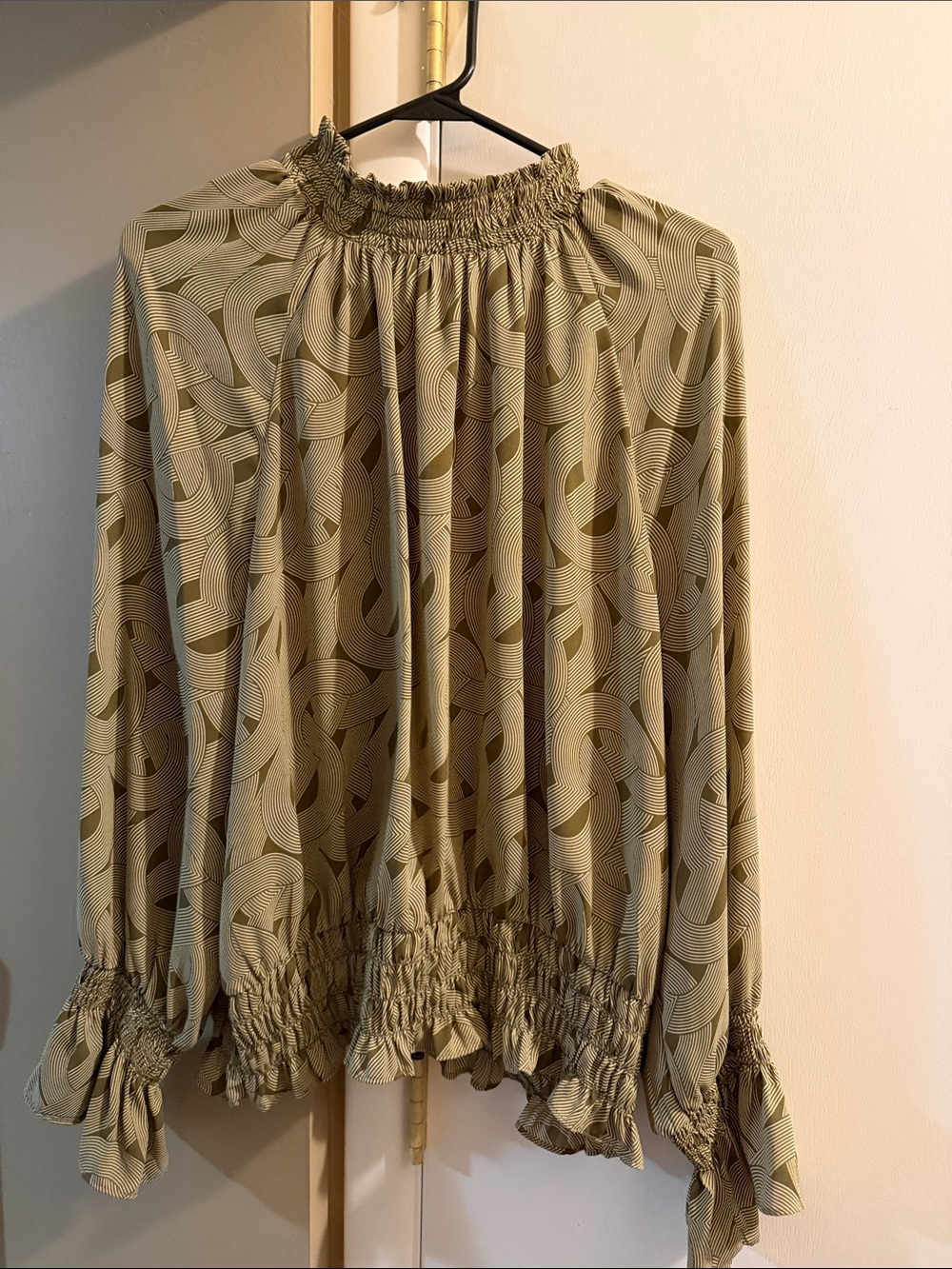 Worthington Olive Green Geometric Smocked-Waist Blouse - Picture 5 of 5